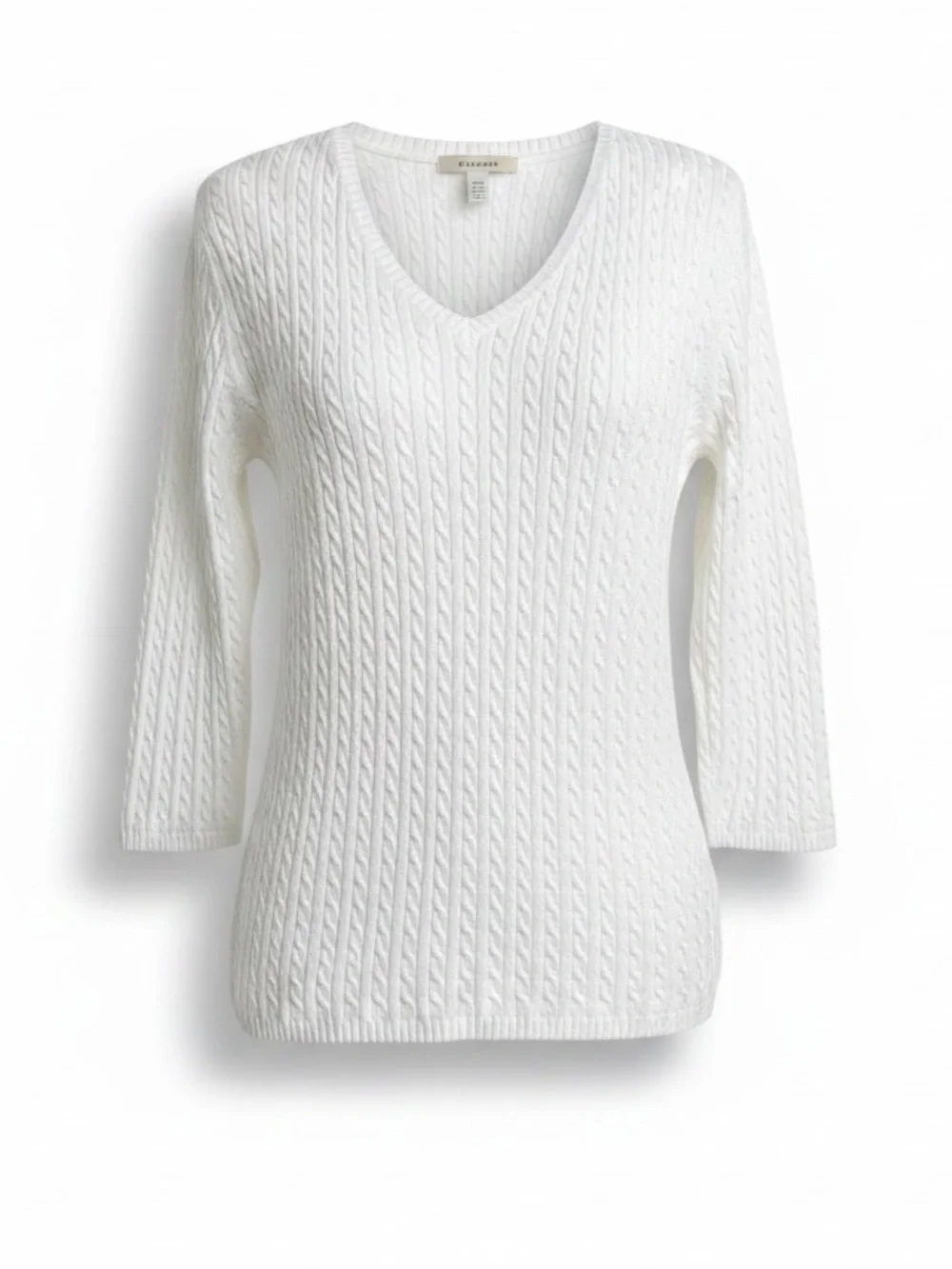 LL BEAN LIGHTWEIGHT THREE QUARTER SLEEVE CABLE KNIT V NECK SWEATER WHITE SIZE S